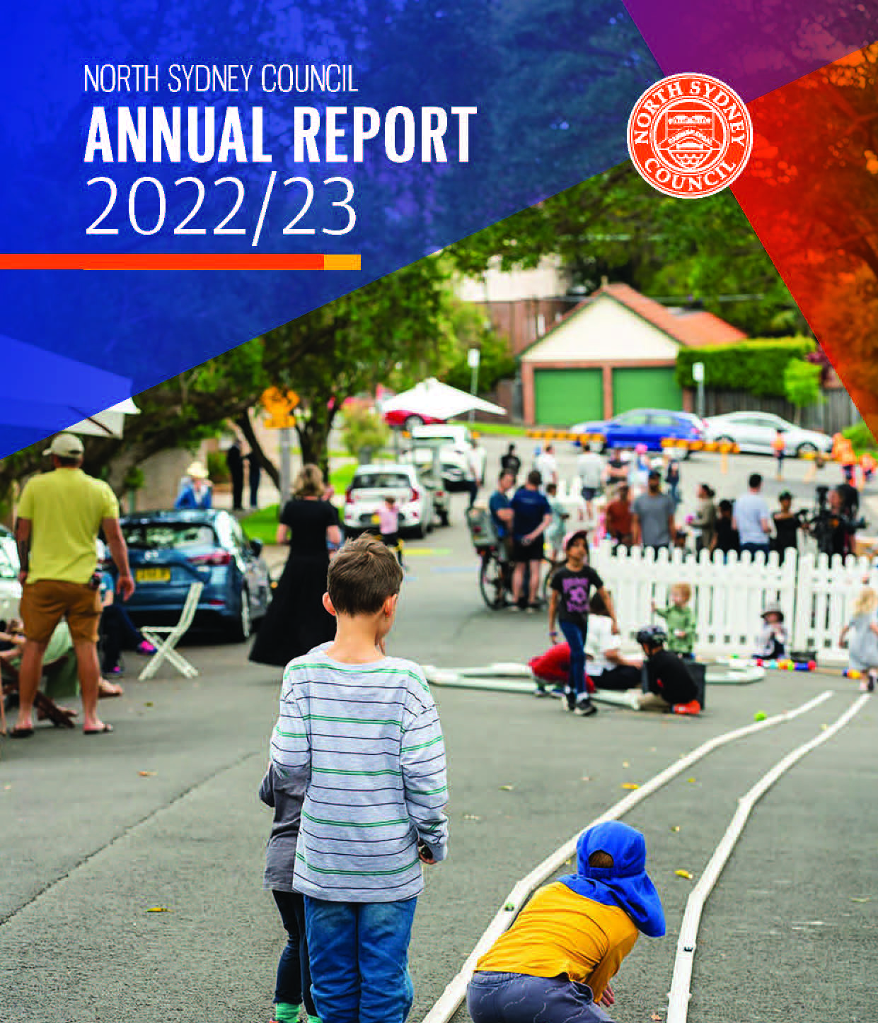 Annual report cover with boys playing game on street