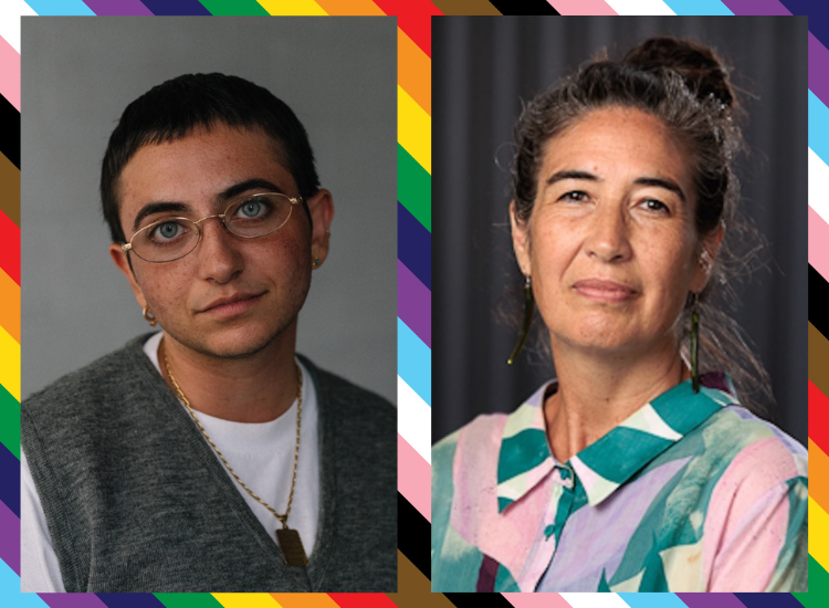 Photos of poets Anne-Marie Te Whiu and Hasib Hourani in front of pride flag