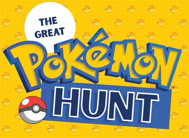 Graphic for the Great Pokemon Hunt with a red and white Pokeball on a yellow background.