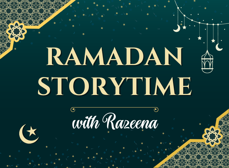 Graphic for Ramadan Storytime. Dark green gradient and bright stars background with hanging moons and floral patterns.