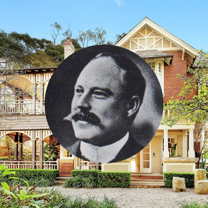 Image of a beautiful vintage two-storey house. Photo of architect Edward Skelton Garton in the centre.