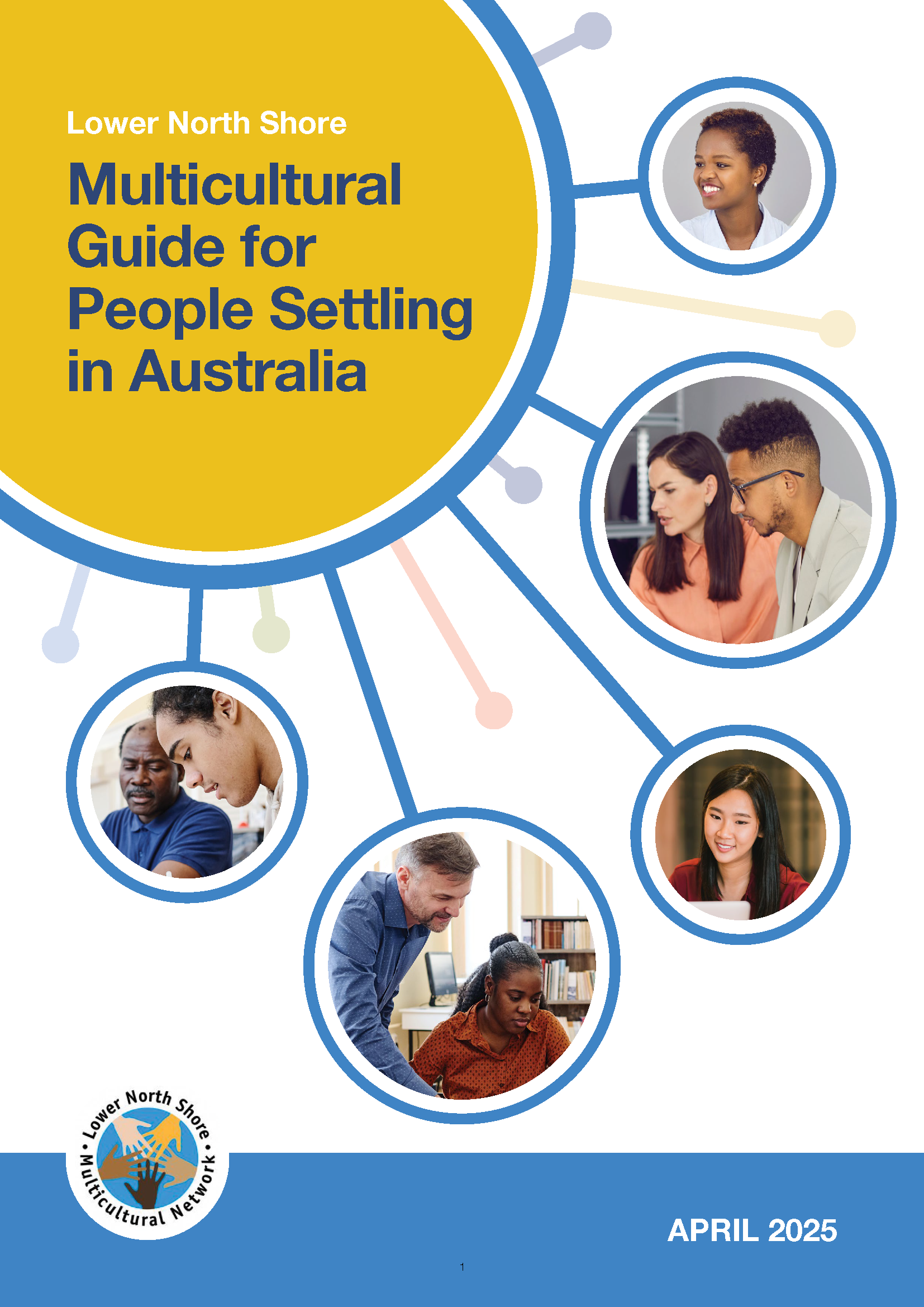 Cover of the Lower North Shore Multicultural Guide for People Settling in Australia, including the Lower North Shore Multicultural Network logo