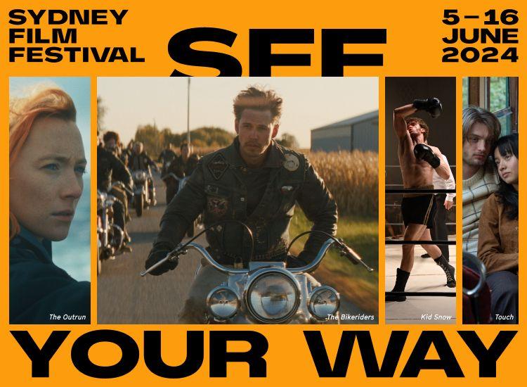 orange banner will images of actors that reads 'sydney film festival, see it your way'