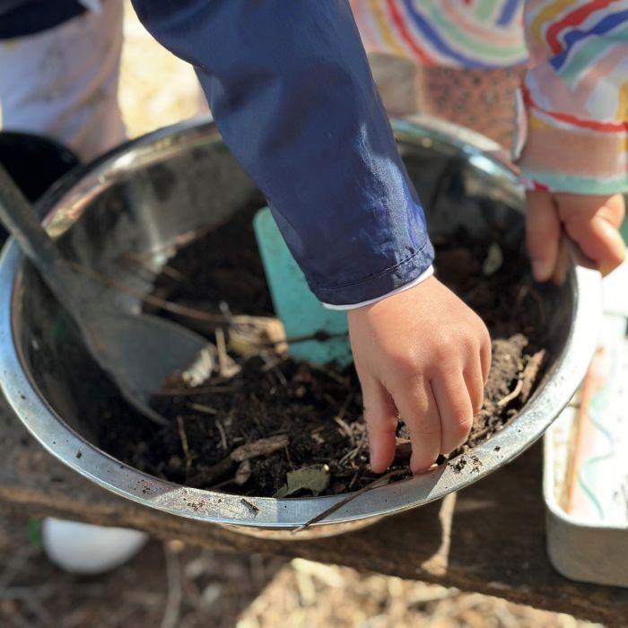 Childrens hand in metal bowl with leaves and dirt.