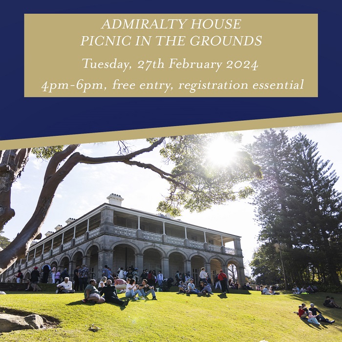 Admiralty House Picnic in the Grounds, Tuesday, 27th February 2024, 4pm-6pm, free entry, registration essential! Flyer with photo showing picnickers in the grounds of a stately house