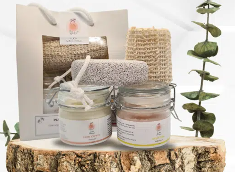 various body care products including jar of bath salts