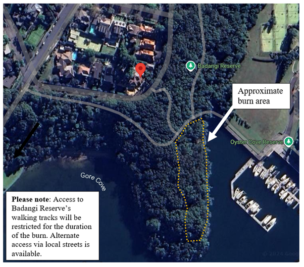 A satellite image showing the area where a hazard reduction burn will be conducted in Badangi Reserve on 8 October 2025