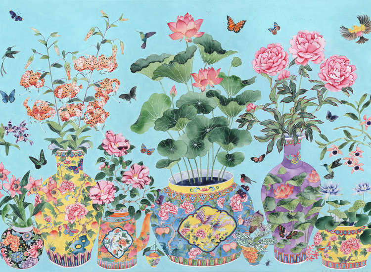 Bright still life painting on blue background