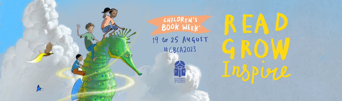 Promotional image for CBW 2023. Small children riding on the back of a flying seahorse