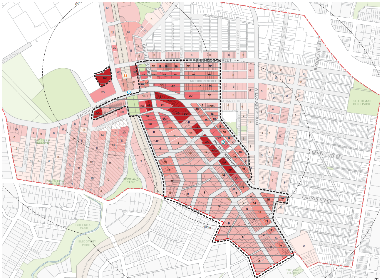 A map of the Crows Nest TOD Accelerated Rezoning Area, showing the permitted heights for sites in the precinct