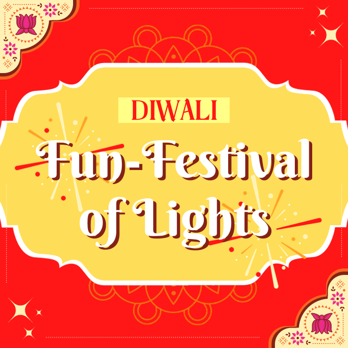 Image of text &quot;Diwali Fun-Festival of Lights&quot; with traditional Indian motifs on red background