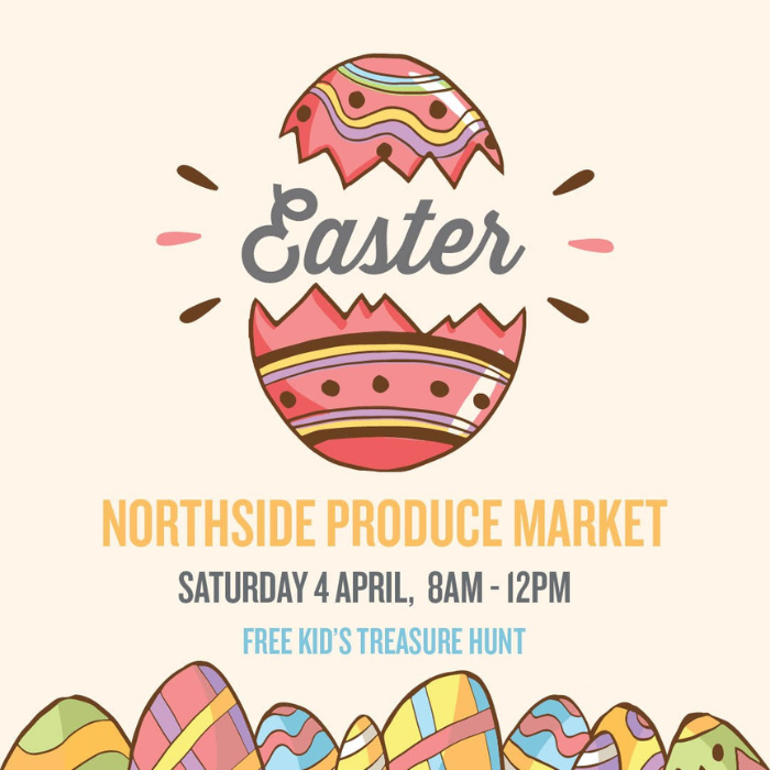 A pink and red Easter Egg advertising the free Kids Easter Egg Hunt at Northside Produce Market on April 4, 2026.