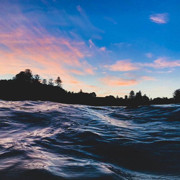 Photograph of gentle ocean waves, with the silhouette of trees on the shoreline in the distance and a pink and blue sky