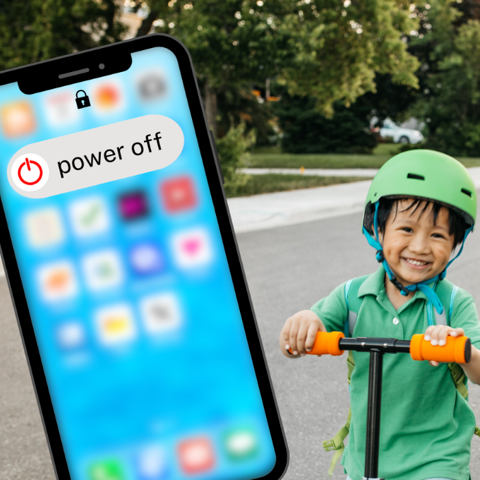 A young boy on a scooter. A smartphone screen is superimposed on top of the photo, showing the 'power off' function.