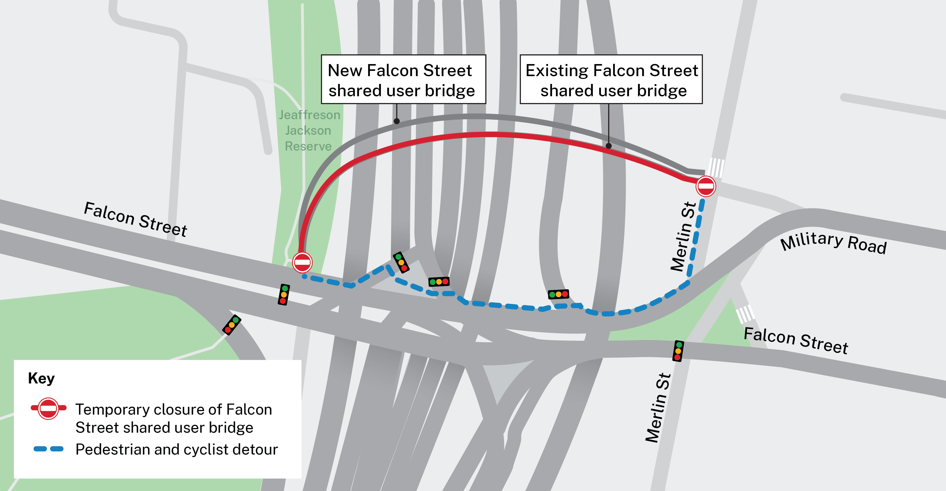 Map of Falcon Street, North Sydney bridge closure and detour
