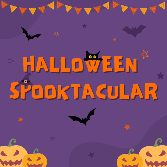 Image of purple background with Halloween motifs (pumpkins and bats) on text that says Halloween Spooktacular
