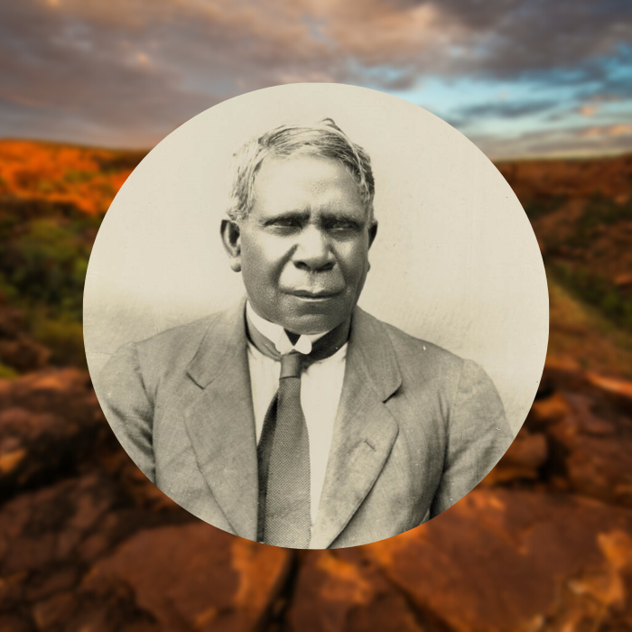 Image of David Unaipon in front of outback Australia background photo.