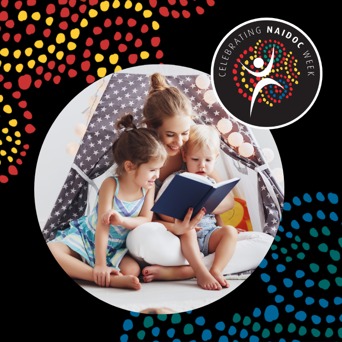 Image of Aboriginal dot painting background with NAIDOC Week logo and a circle image of a mother reading to her 2 children.