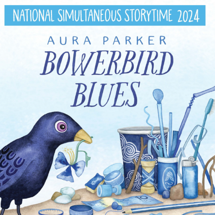 Book cover image for Bowerbird Blues by Aura Parker. Illustrated bowerbird with a flower hanging from it's beak as the bird stands in front of a bunch of sewing tools.