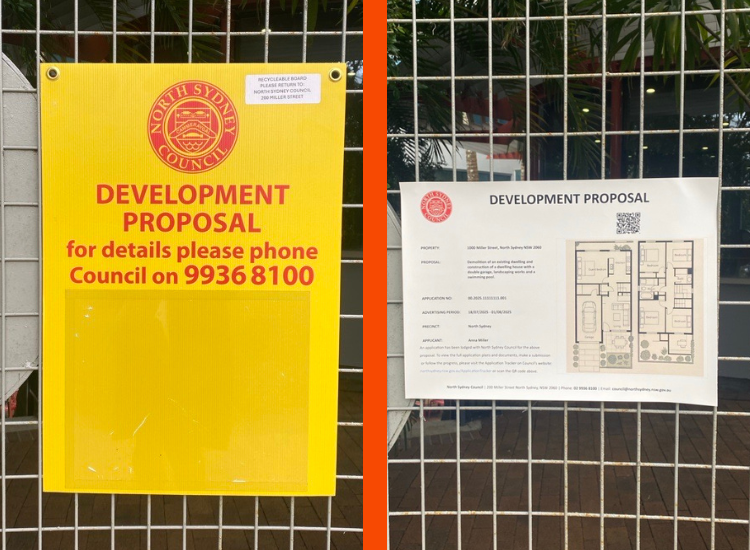 Two photos showing old and new DA notification signage - the old sign is a yellow corflute and the new sign an A3 white sheet