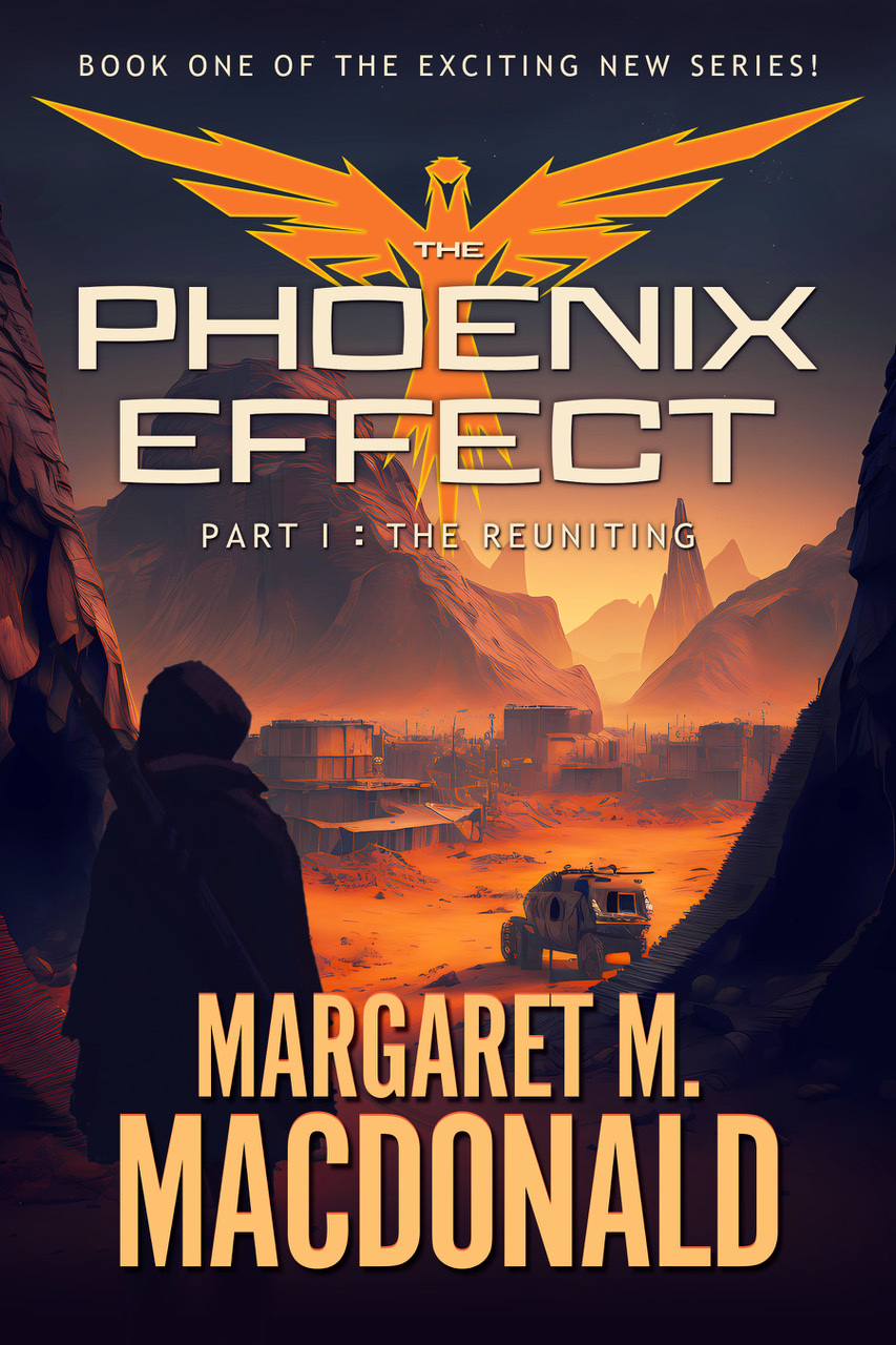 Book cover for fantasy sci-fi series The Phoenix Effect, depicting a hooded figure standing and looking out into a desert planet.