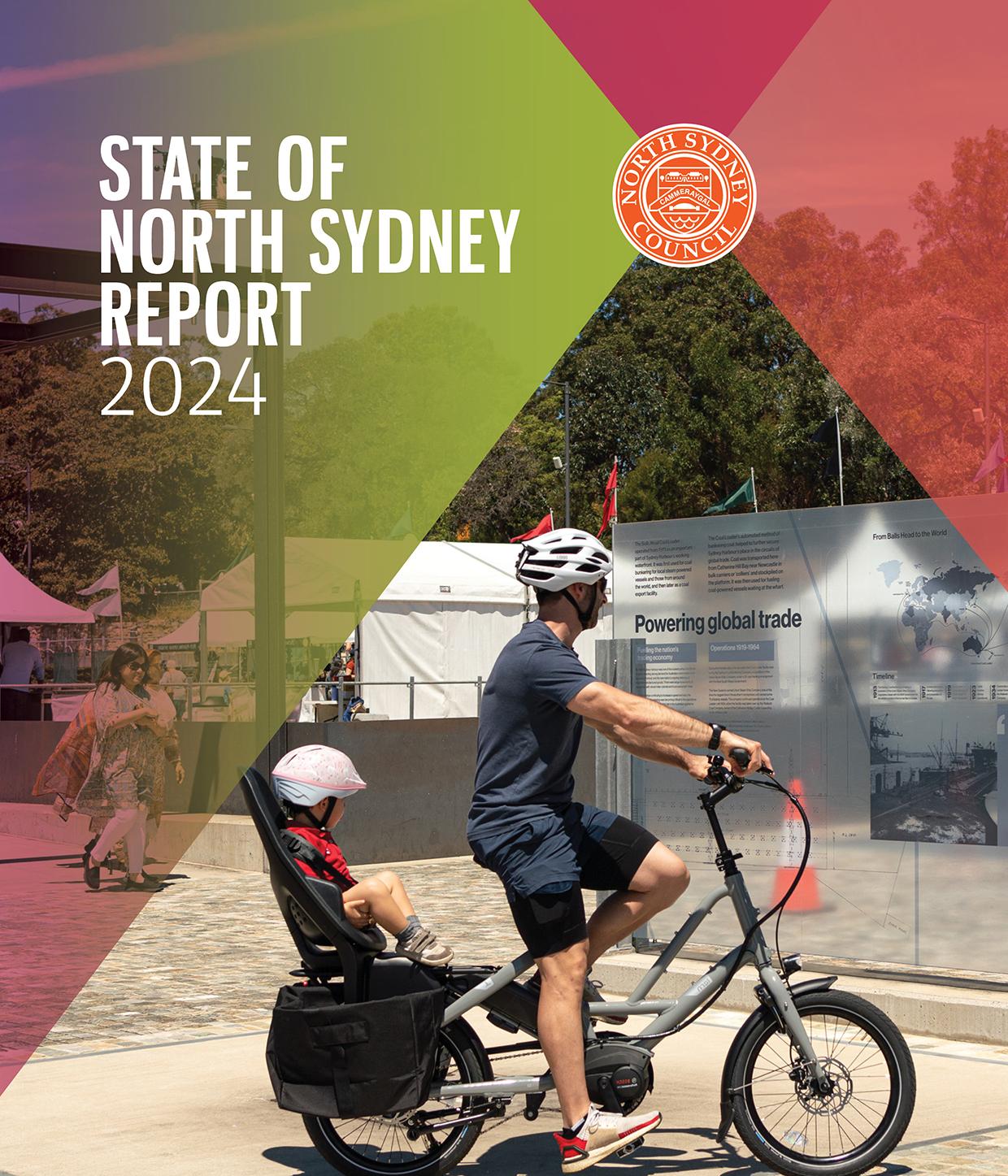 Report cover image that reads &#039;State of north sydney report 2024&#039; with a man and boy riding a tandem bike
