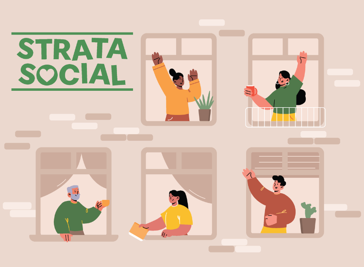 Illustration of people interacting through apartment windows, and the words 'Strata Social'
