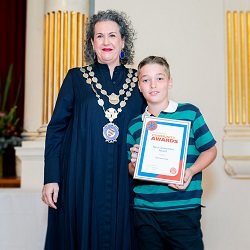 Next Generation Award winner Ted Greenaway with Mayor Eco Warrior Award winner Vera Yee with Mayor Zoë Baker