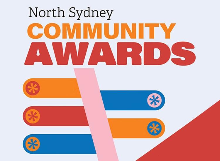 Graphic that reads "north sydney community awards" in red and orange text on a grey white background
