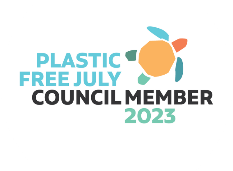 Blue and orange graphic displaying words 'plastic free july council member 2023'