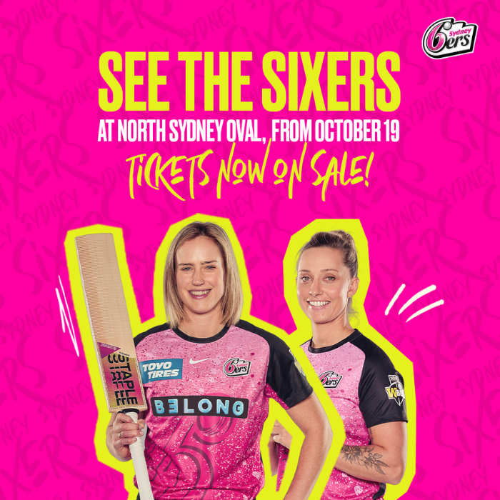 womens big bash cricket graphic with two sydney sixers players standing and smiling holding a cricket bat with a pink background