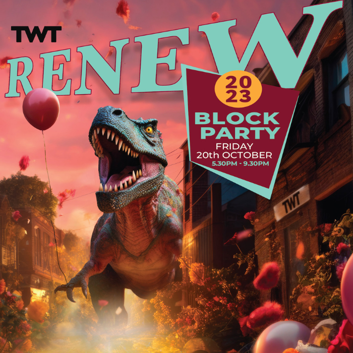 graphic of tyrannosaurus rex with pink sky in background with words 'twt renew block party'