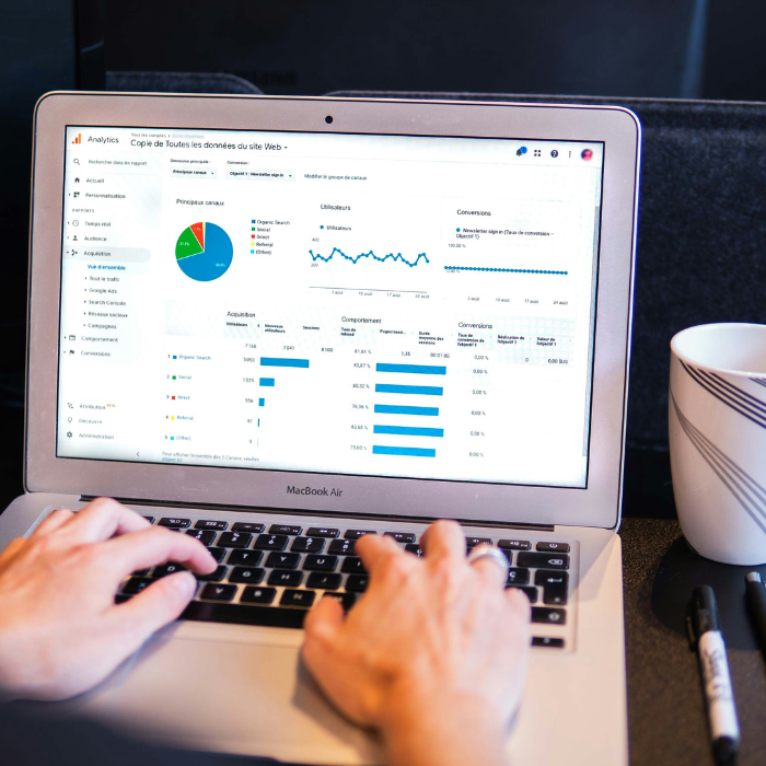 person using laptop with graphs on screen