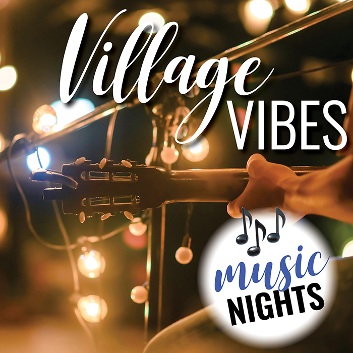 graphic displaying &#039;village vibes music nights&#039; with an arm holding a guitar