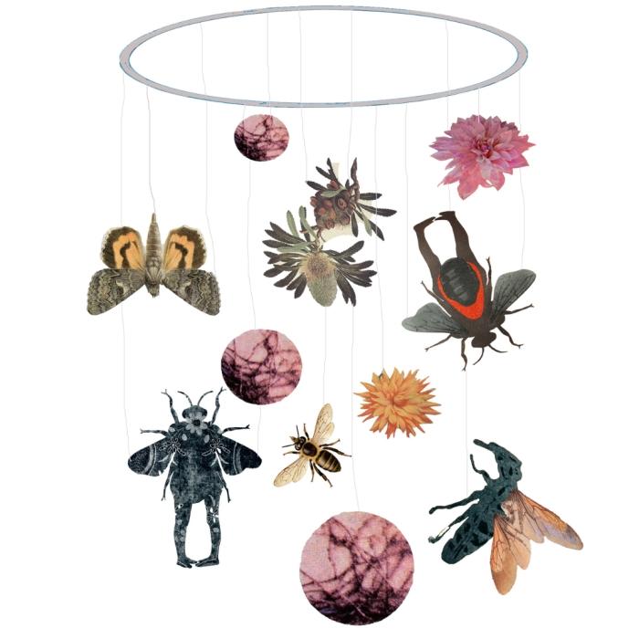 butterflies and bug cutouts hanging from a circular wire by string