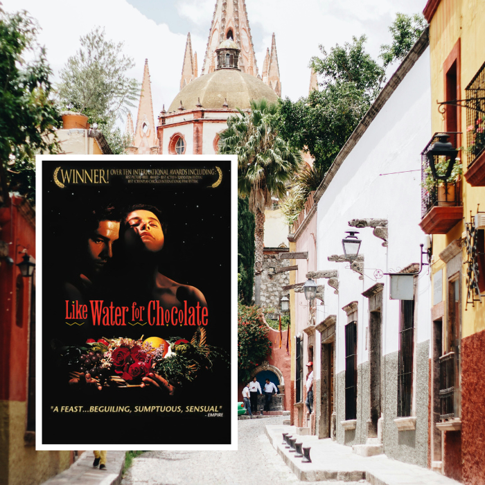 Movie poster for Like Water for Chocolate on the photo background of a Mexican street.