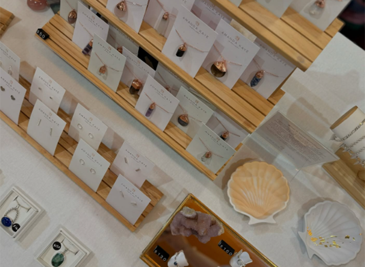 view shot of a market stall with various jewelry displayed