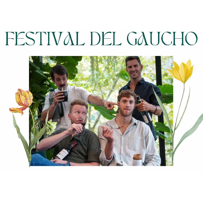 A promotional image for Festival del Gaucho, showing four men eating and drinking Argentinian products