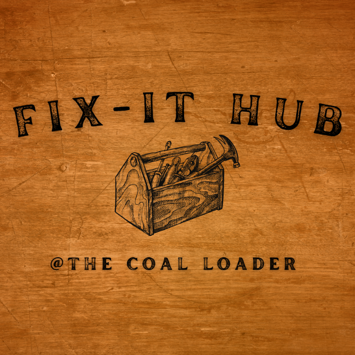 Fix-It Hub at The Coal Loader - logo showing toolbox on a wood-look background