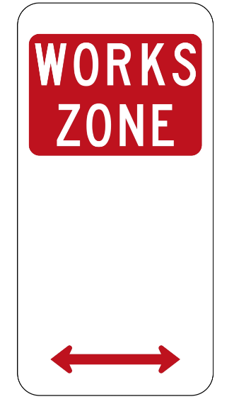 works zone sign used on side road with white text displayig 'works zone' on a red and white background and a red arrow