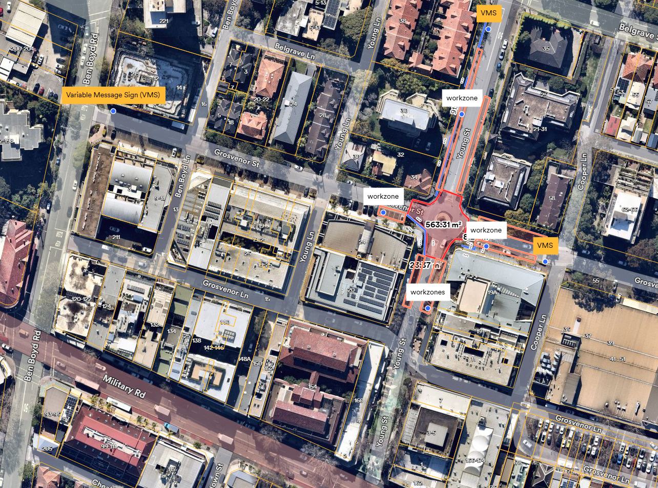 Map of works on the Young and Grosvenor St upgrade with lost parking