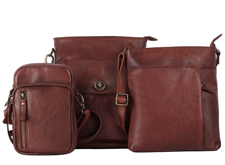 three leather brown bags