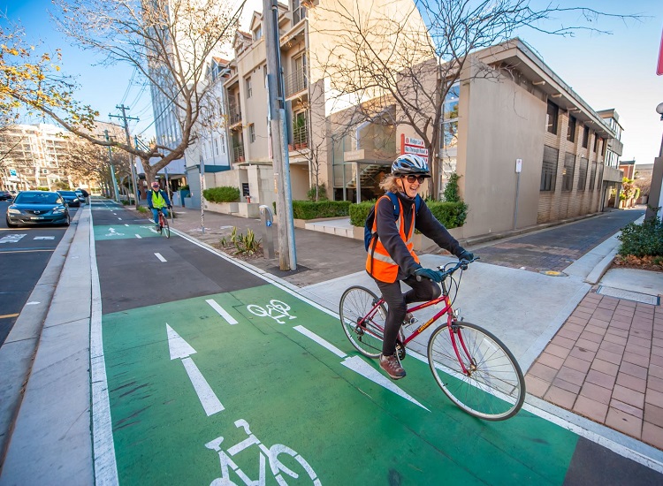 Two cyclists riding bikes on a cycleway