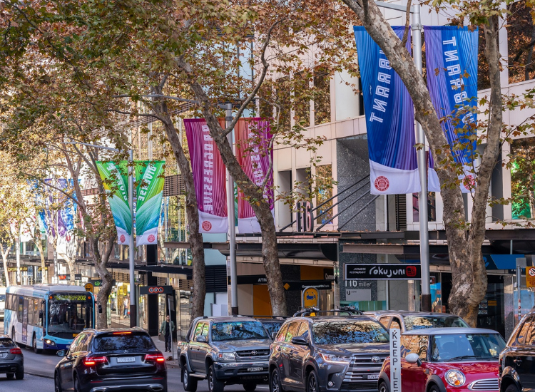 flags hanging from poles in cbd street