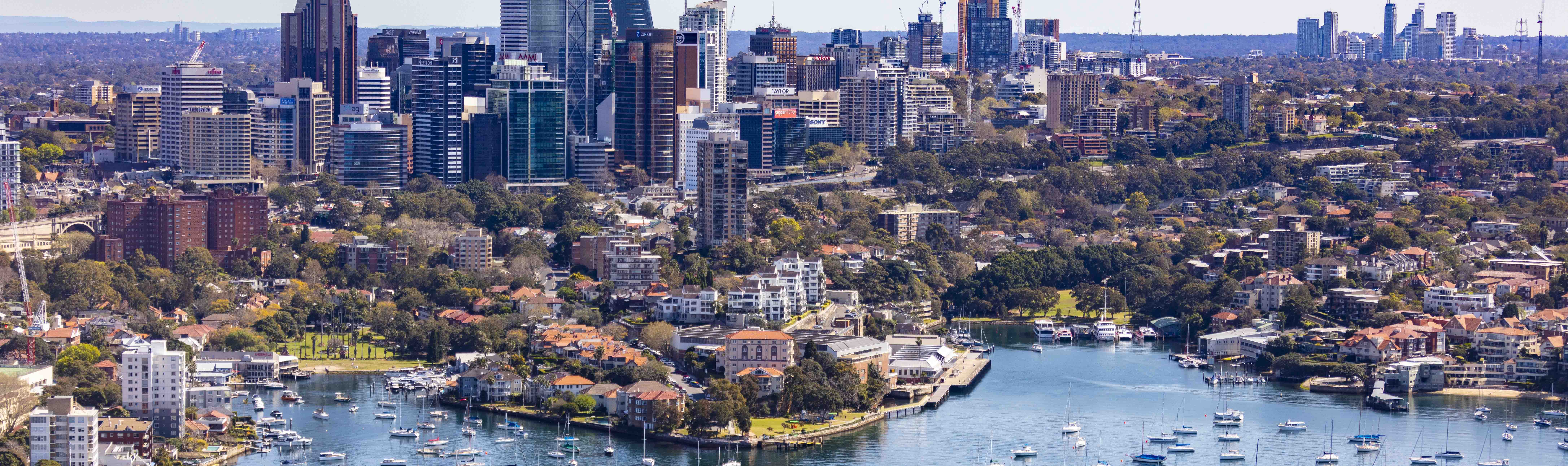 An aerial view of the North Sydney foreshore and CBD